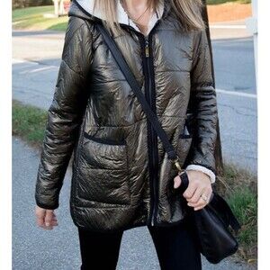 Soft Surroundings Alpine Sherpa Lined Coat Bronze Metallic Hooded Zip Size Large